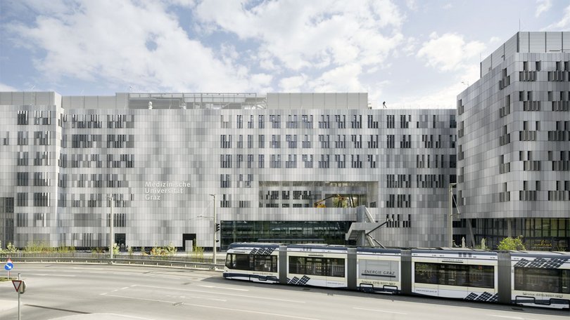 Laboratory building of Med Campus Uni Graz with tramway